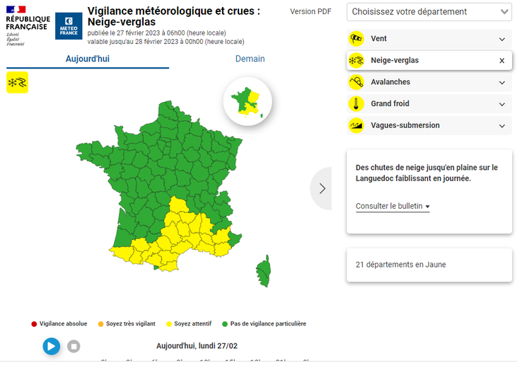 Les 21 départements en vigilance neige-verglas ce lundi.