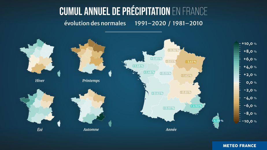 Comment ont évolué les normales du cumul annuel de précipitation en France ?