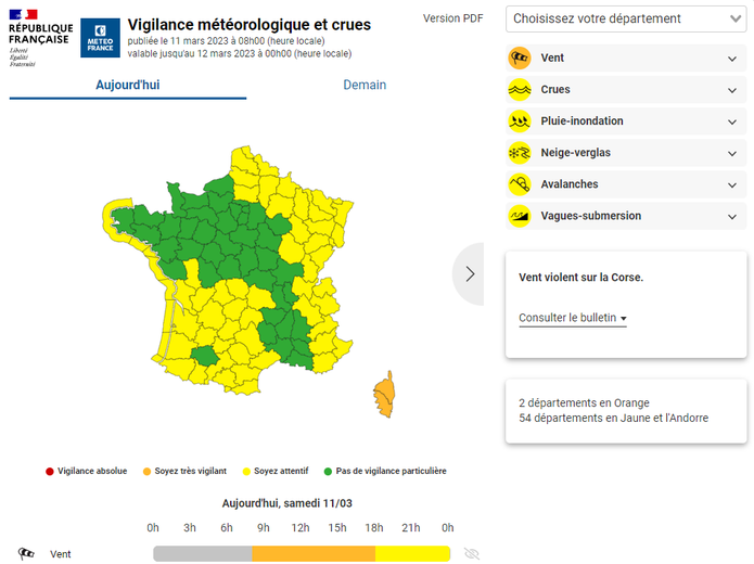 54 départements sont en vigilance jaune et 2 en orange ce samedi.