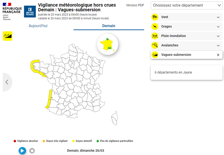 6 départements concernés par la vigilance vagues-submersion.