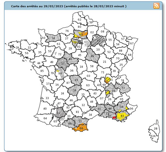 Chaque jour, le ministère de la Transition écologique actualise la carte des arrêtés pris par les préfets dans les départements.