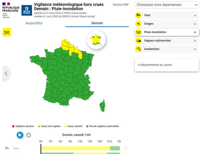 Les 6 départements en vigilance pluie-inondation.