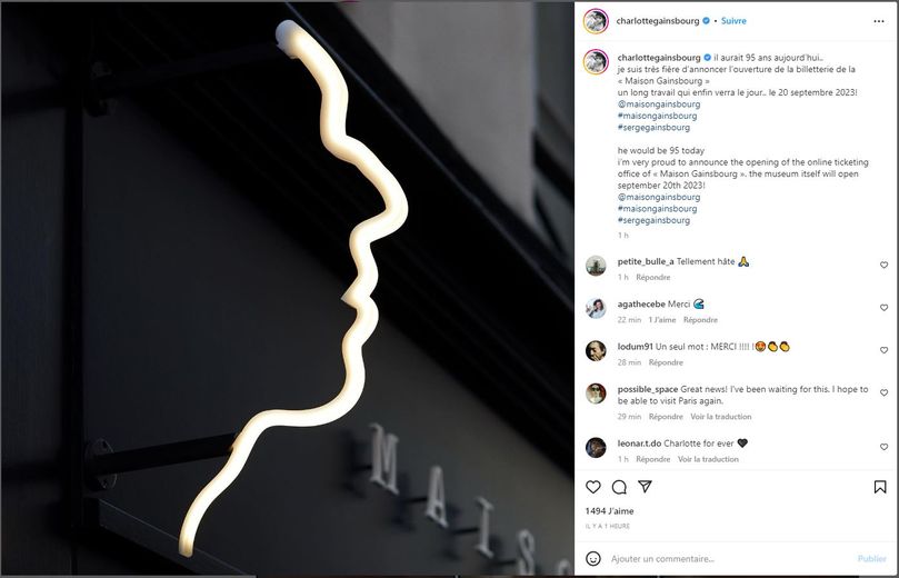 Charlotte Gainsbourg a annoncé l'ouverture au public de la Maison Gainsbourg.