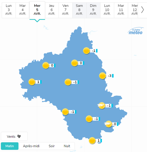 Les températures matinales en Aveyron mercredi 5 mars.