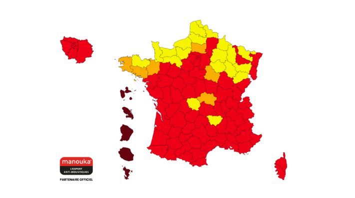 Ecco una mappa delle province della Francia dove si trova la zanzara tigre "Fermo e attivo".