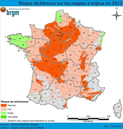 Le risque de sécheresse sur les nappes à enjeux en 2023 a été établi par le BRGM.