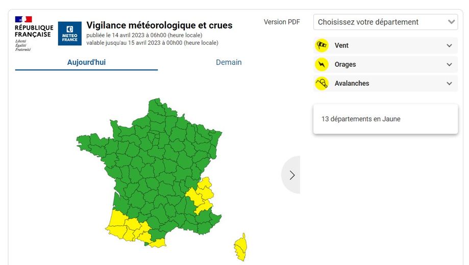 Treize départements en vigilance jaune.