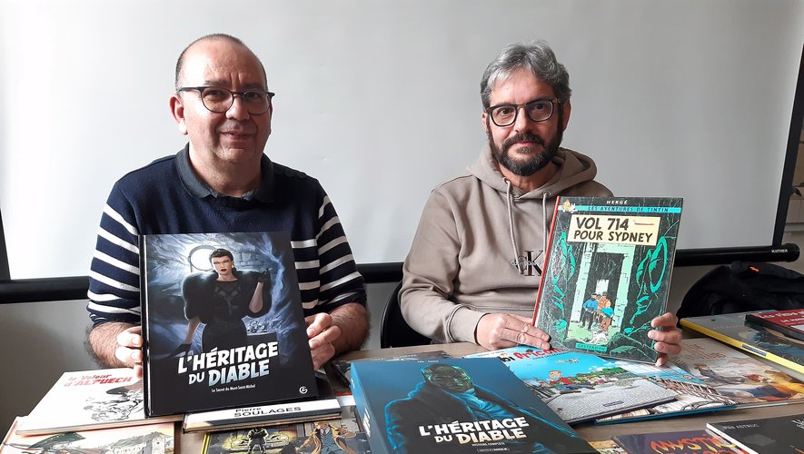 Philippe Sudres (à gauche) et Alain Soubrié ont de quoi tenir de longues heures si vous vous mettez à parler BD et Aveyron avec eux !