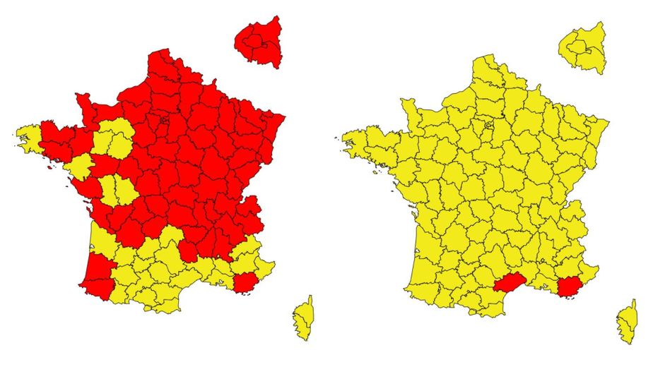 Seuls deux départements français sont en rouge, dont l'Hérault.