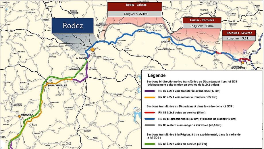 En bleu, la RN 88 bidirectionnelle. Plus de 40 km devront passer en 2X2 voies