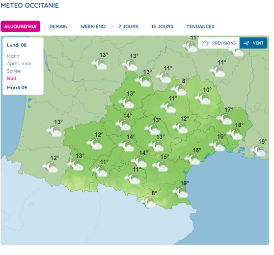 Les prévisions en Occitanie dans la nuit du lundi 8 au mardi 9 mai.