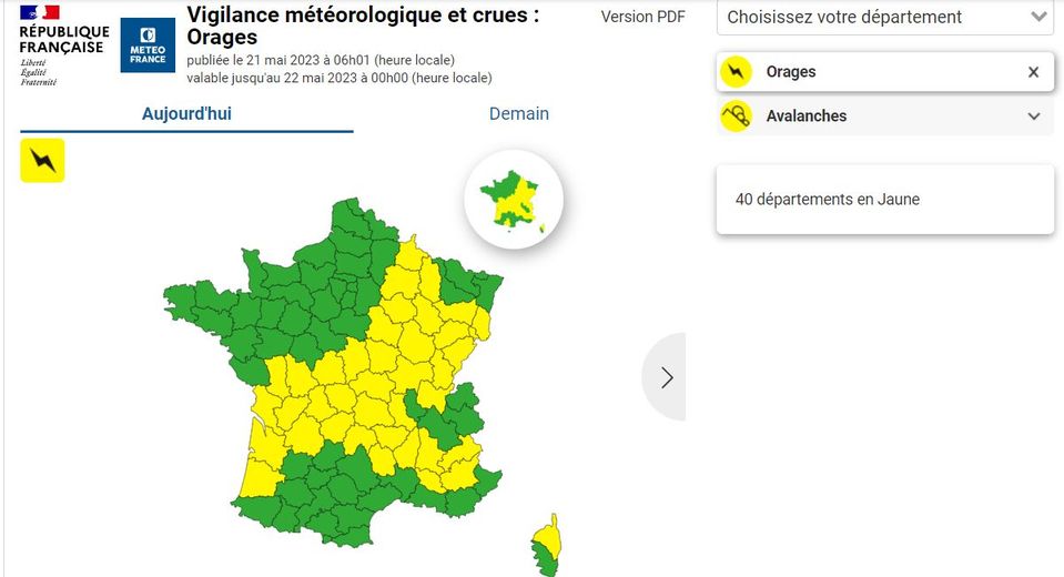 Les départements placés en alerte jaune orages.