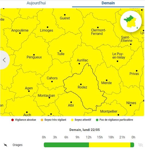 L'Aveyron en vigilance jaune pour les orages, lundi 22 mai 2023.