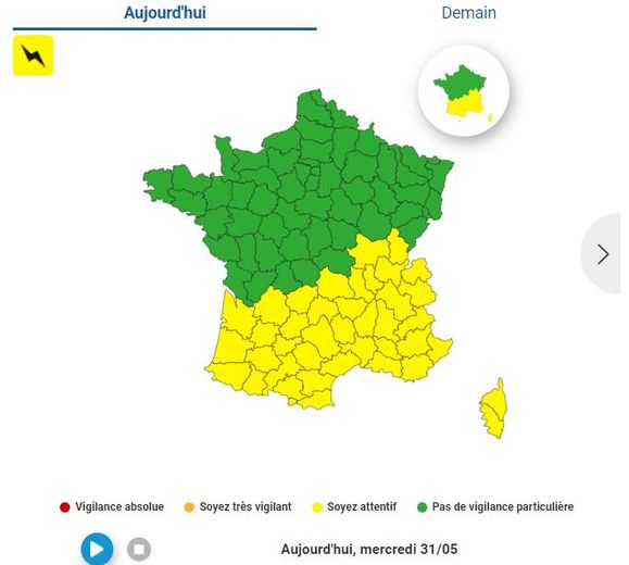 40 départements sont en vigilance jaune orages, ce mercredi 31 mai 2023.
