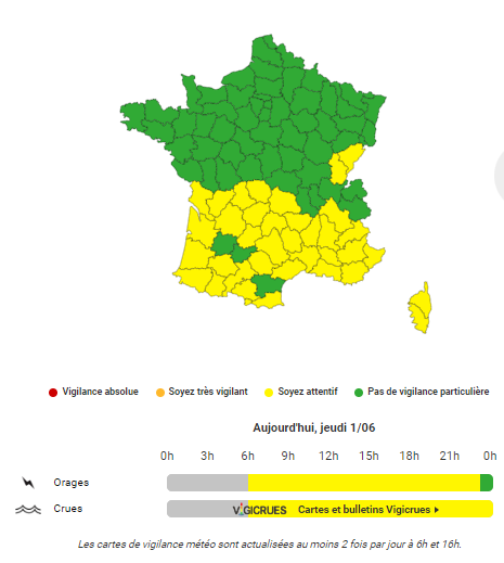34 départements sont en vigilance jaune orages, pour la journée du jeudi 1er juin.