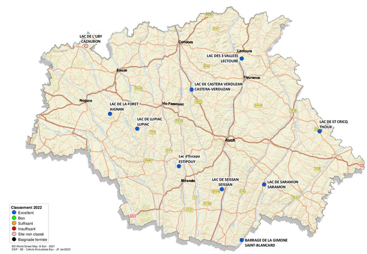 Les sites de baignade dans le Gers.