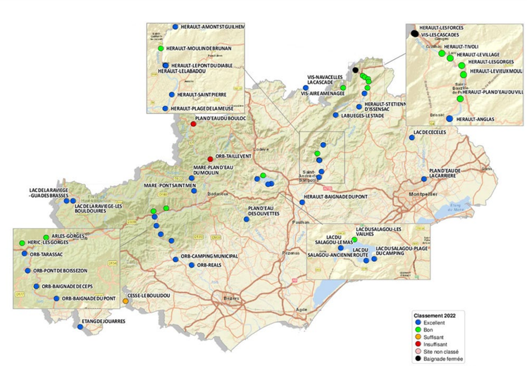 Les sites de baignade en eau douce dans l'Hérault.