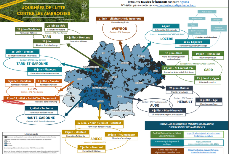 En bleu nuit, les territoires d'Occitanie touchés par les ambroisies, ainsi que les dates régionales des journées de lutte.