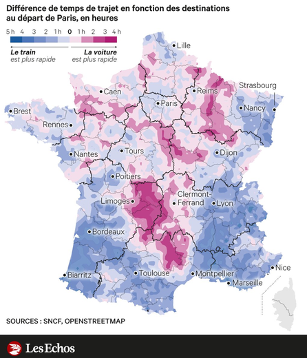 En bleu, on y va plus vite en train, en rouge c'est plutôt en voiture
