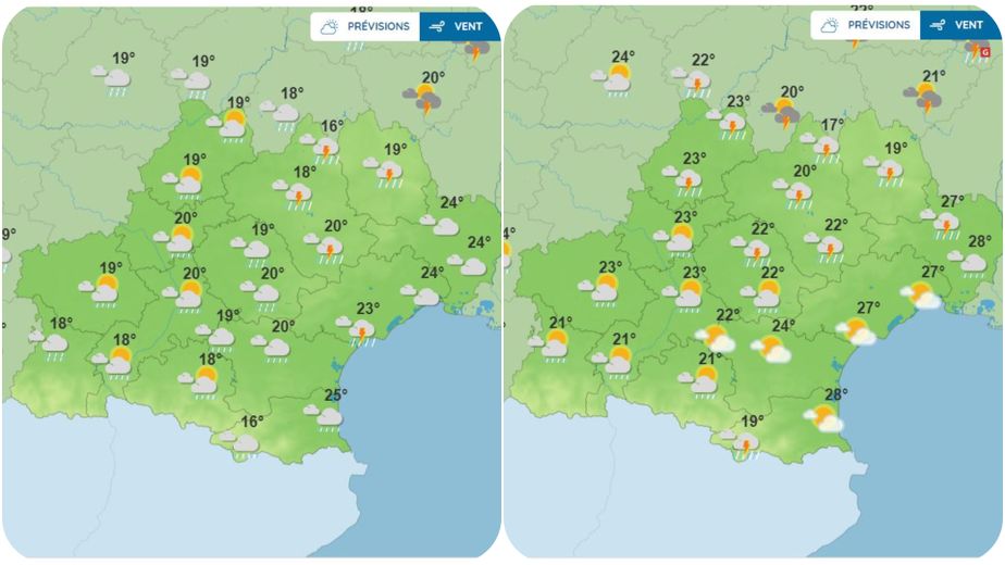 Dès le matin, des averses orageuses se présenteront en Occitanie, et persisteront durant l'après-midi du 22 juin 2023.