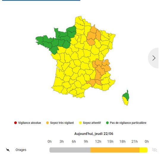 12 départements en vigilance orange orages, jeudi 22 juin 2023.