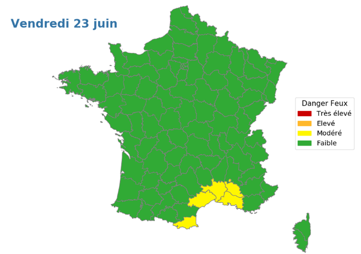 Les départements concernés par les risques de feu de forêt ce vendredi.