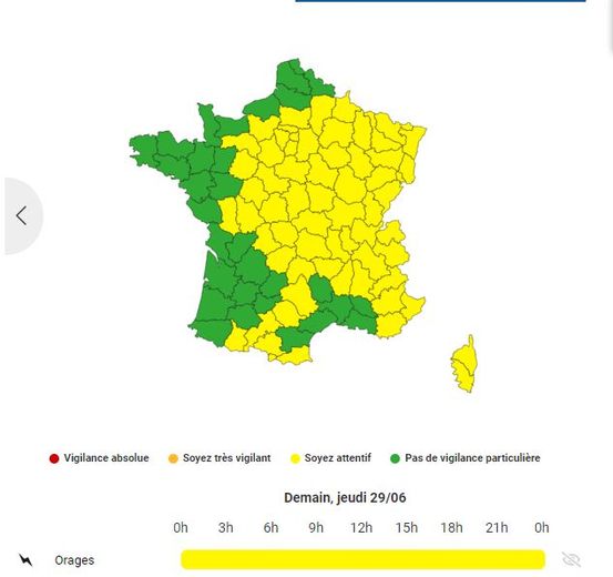 66 départements sont placés en vigilance jaune, ce jeudi 29 juin 2023.