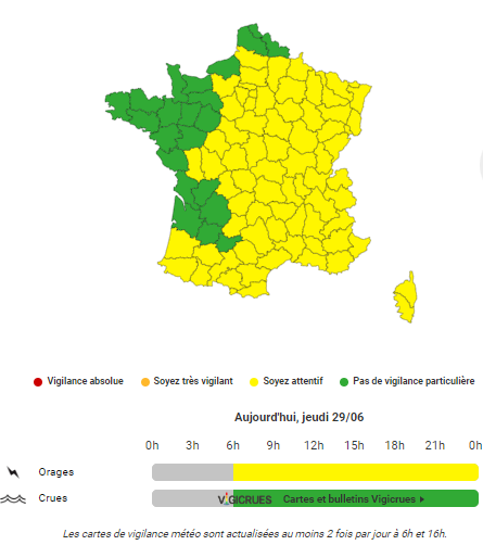Les 75 départements placés en vigilance jaune orages.