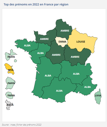 La carte des prénoms les plus donnés aux filles en 2022 par région.