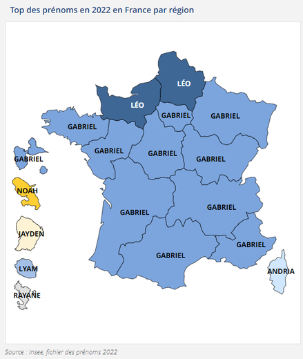 La carte des prénoms les plus donnés aux garçons en 2022.