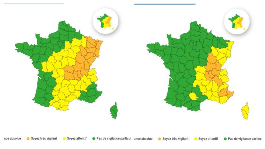 A gauche, la vigilance orange pour les orages. A droite, pour la canicule, ce mardi 11 juillet 2023.