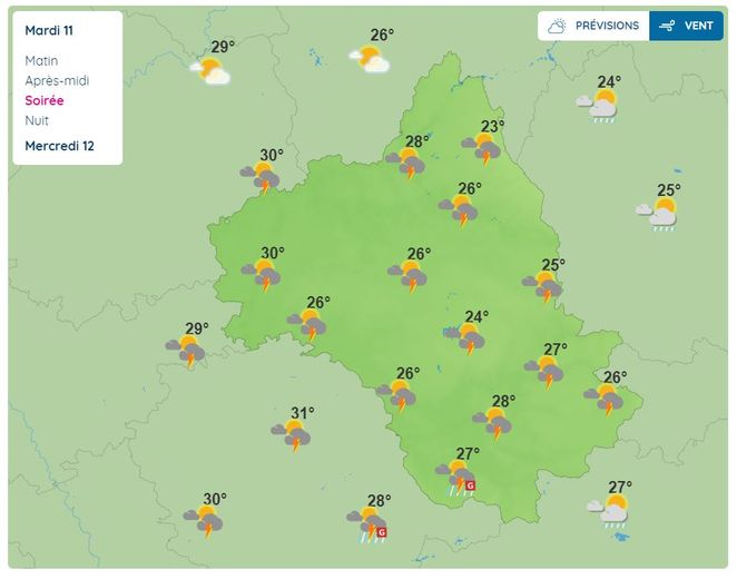Les orages vont toucher tout le département de l'Aveyron, dans la soirée du mardi 11 juillet 2023.