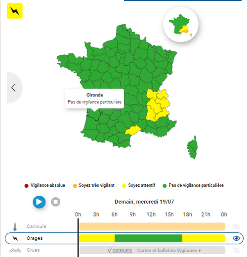 Les 7 départements en vigilance jaune ce mercredi 19 juillet.