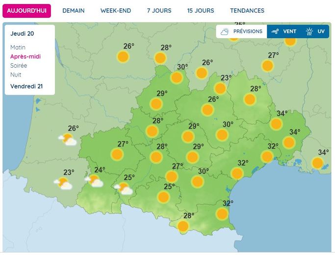 Les prévisions côté températures attendues en Occitanie ce 20 juillet après-midi.