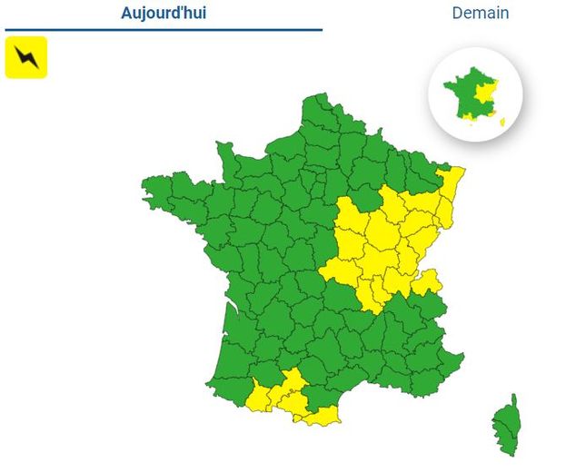 Les 21 départements en vigilance jaune orages ce 21 juillet.