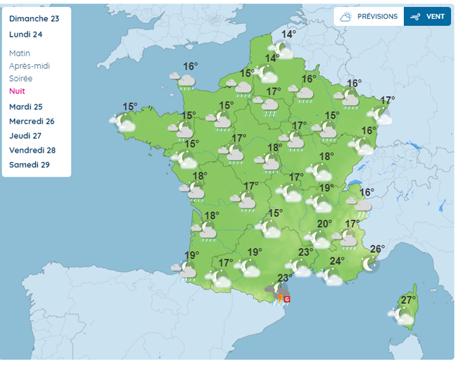 Les températures prévues dans la nuit de lundi à mardi.