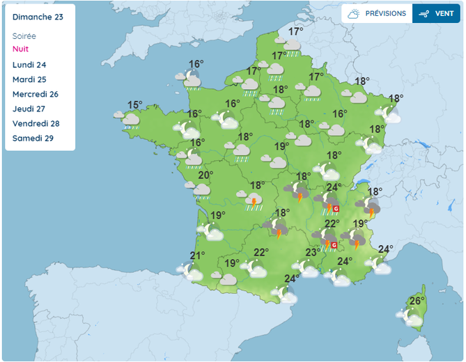 Les températures en France dans la nuit de dimanche à lundi.