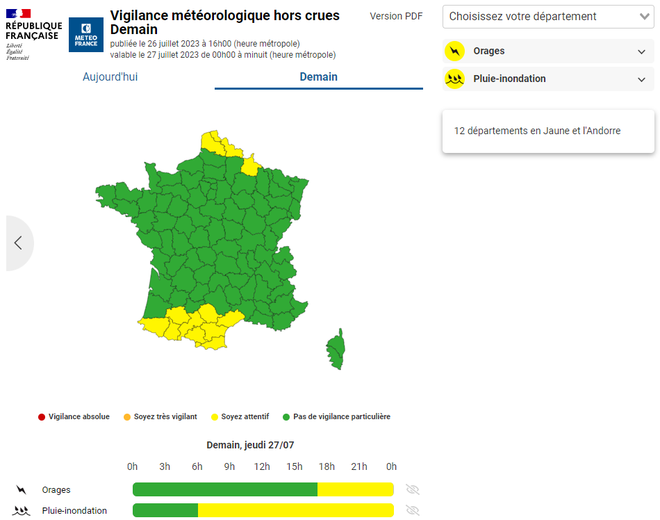 Neuf départements sont en vigilance orages, trois en vigilance pluie-inondation.