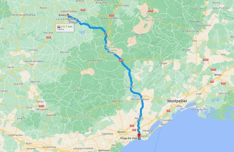 De Rodez à la plage de Vias, il faudra rouler pendant un peu moins de 180 km.