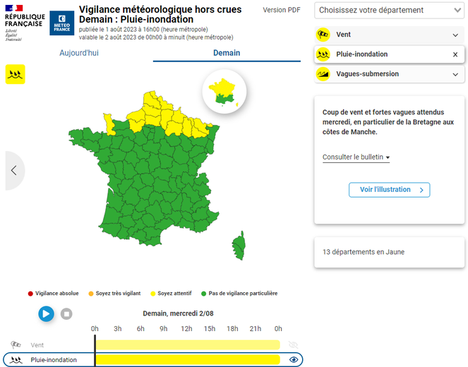 Les départements en vigilance pluie-inondation.