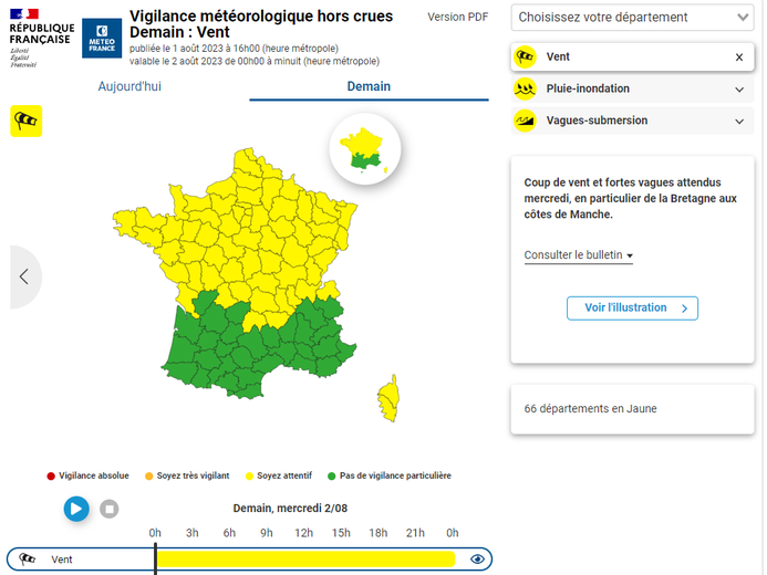 Les départements en vigilance vent violent.