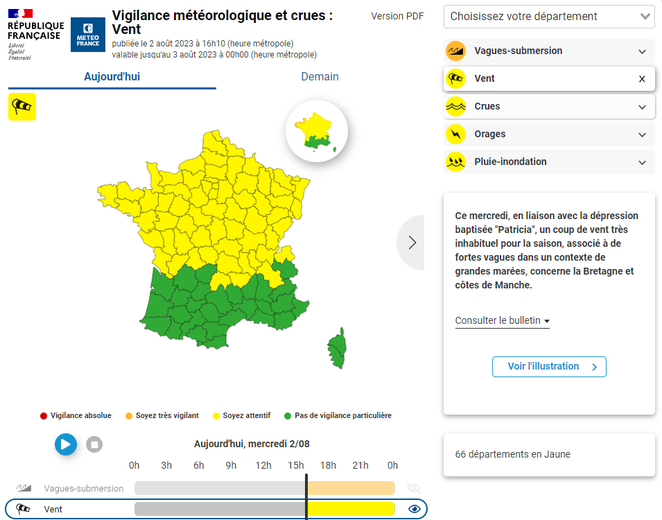 Les départements en vigilance vent.