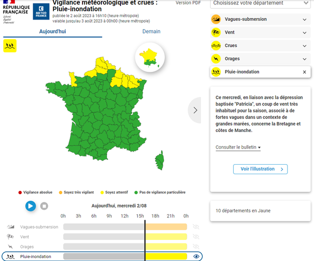 Les départements en vigilance pluie-inondation.