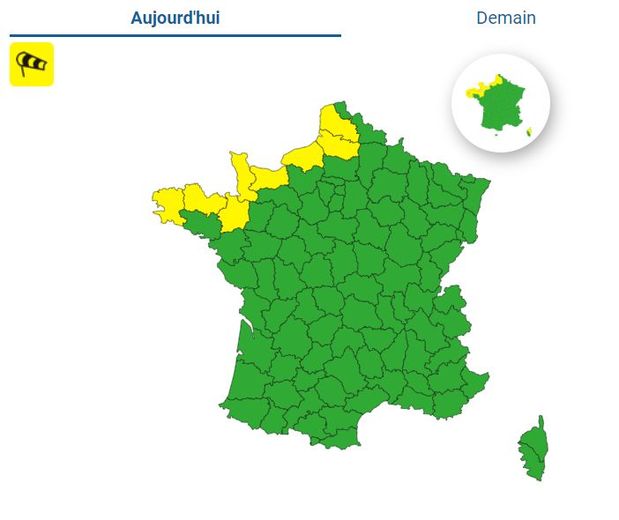 Les départements en vigilance jaune vents.