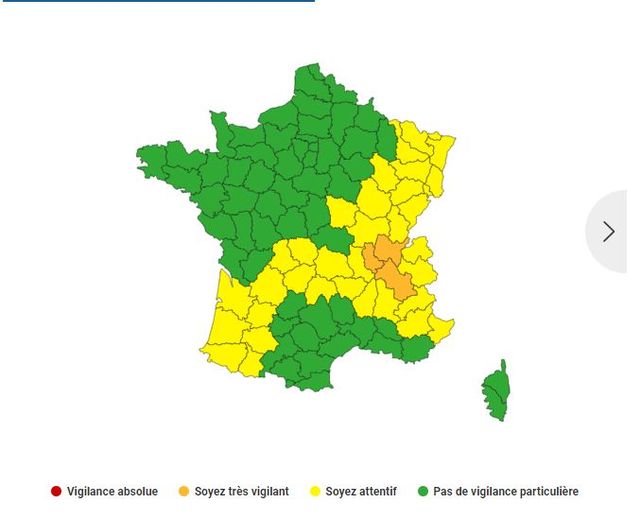 37 départements mentionnés par Météo France dans le cadre de vigilances pour les orages et la canicule.