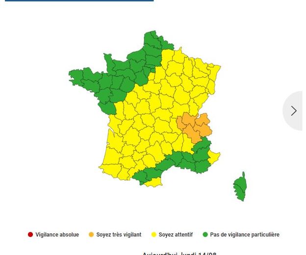 60 départements mentionnés par Météo France dans le cadre de vigilances pour les orages et la canicule, ce lundi 14 août 2023.