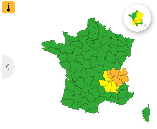 Toulours les mêmes départements en vigilance canicule.