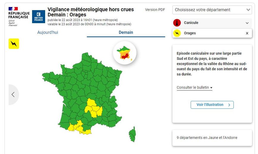 Neuf départements dont cinq en Occitanie sont aussi en vigilance jaune orages.