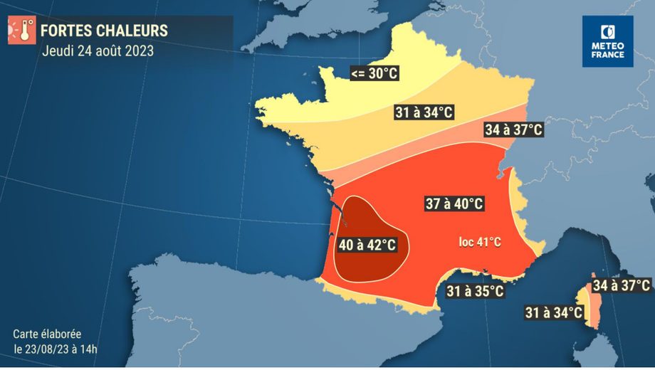 Les prévisions de températures pour la journée de ce jeudi 23 août.