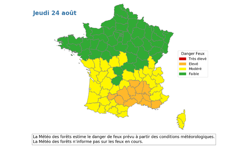 Les estimations de danger de feu de forêt ce jeudi 24 août.